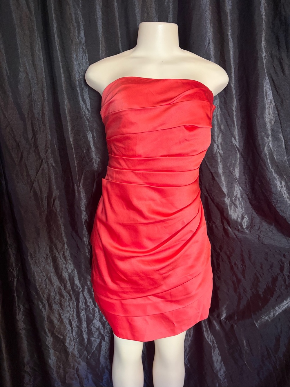 David's Bridal Strapless Red Ruched Mini Dress